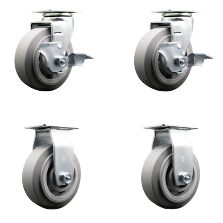 Service Caster 5 Inch Thermoplastic Rubber Caster Set with Roller Bearings 2 Brakes 2 Rigid SCC-20S520-TPRRF-TLB-2-R-2
